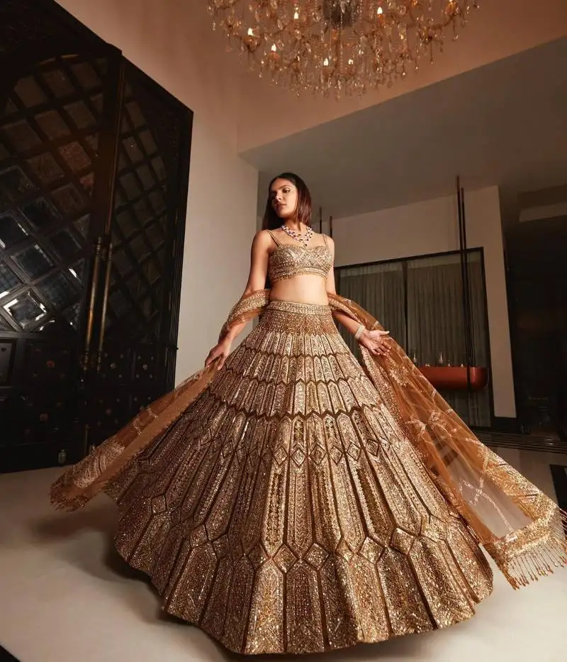 Golden brown dori sequins embroidery work silk lehenga choli