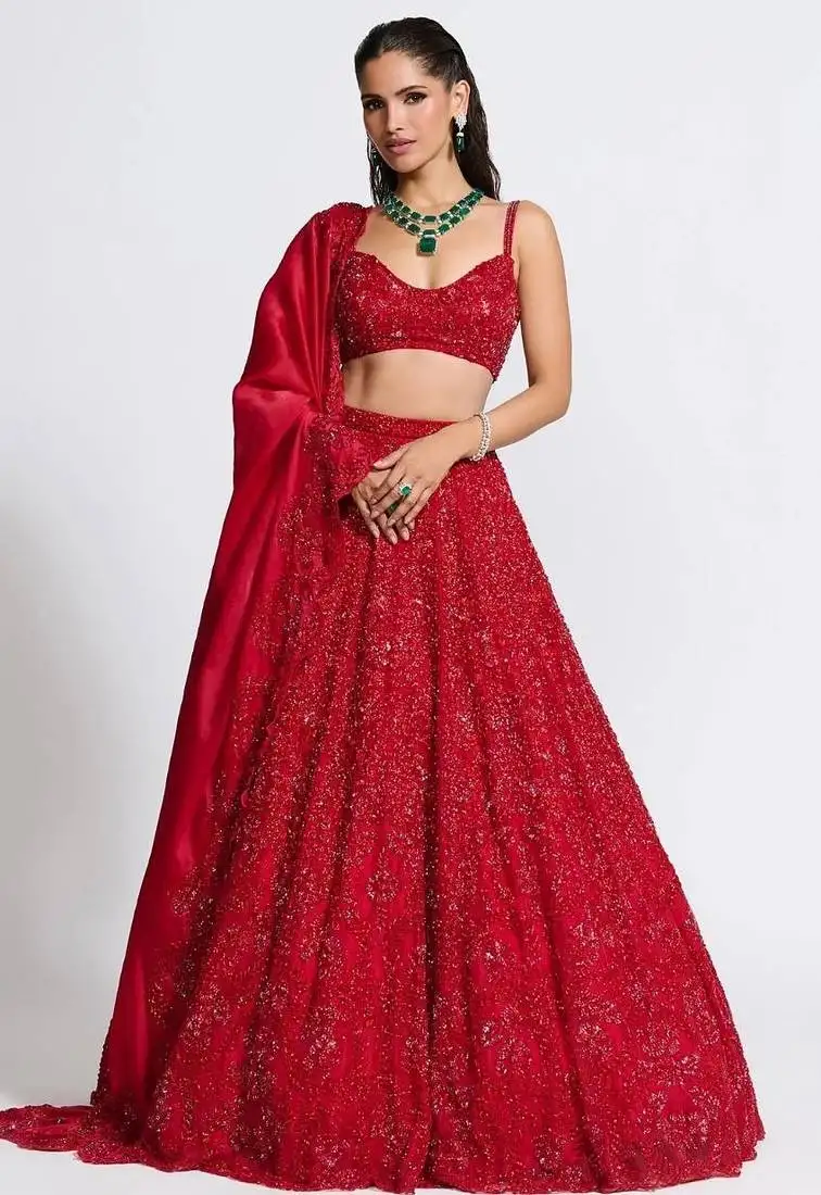 Hot red color sequence embroidery silk lehenga set with dupatta