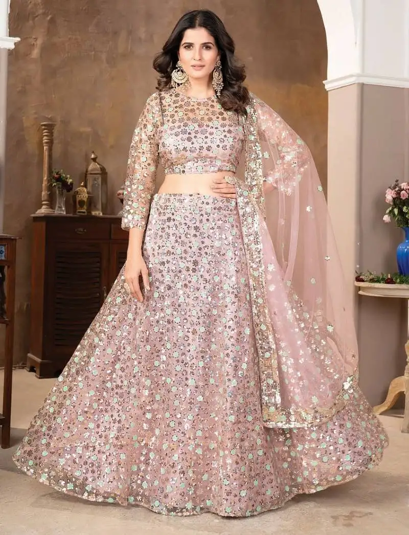 Peach sequin embroidered satin lehenga set
