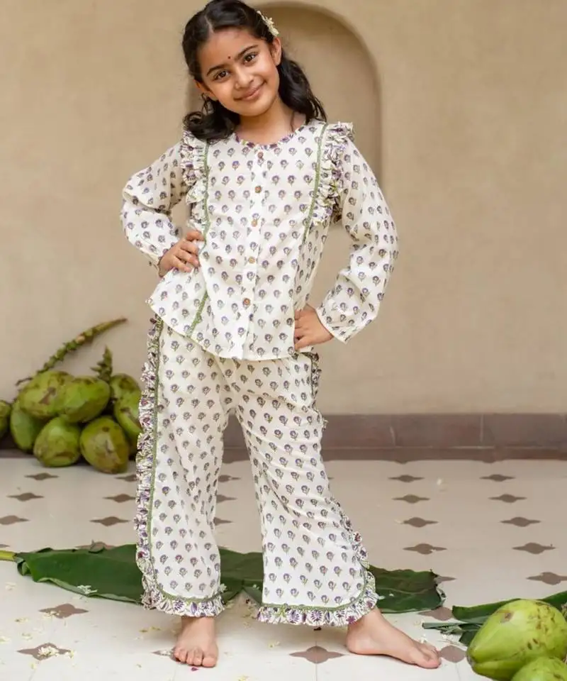 White cotton printed top and pant for girls