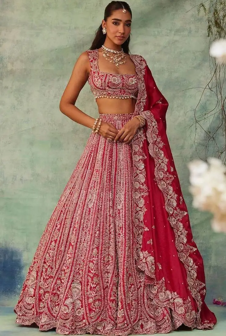 Red thread embroidered boomer silk lehenga set