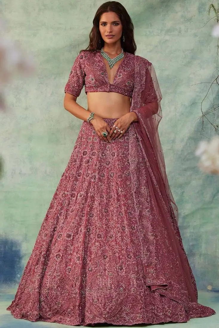 Women's pink embroidered chinon silk lehenga set