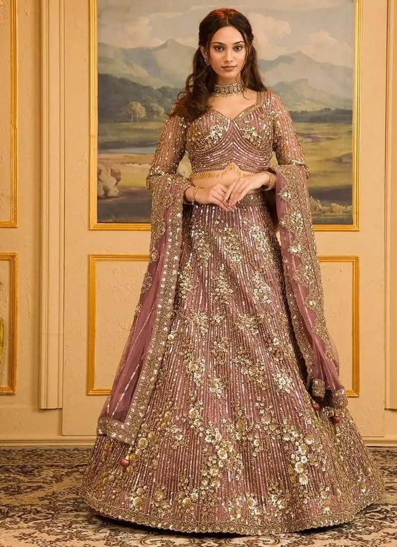 Pink sequin dori embroidered faux georgette lehenga set