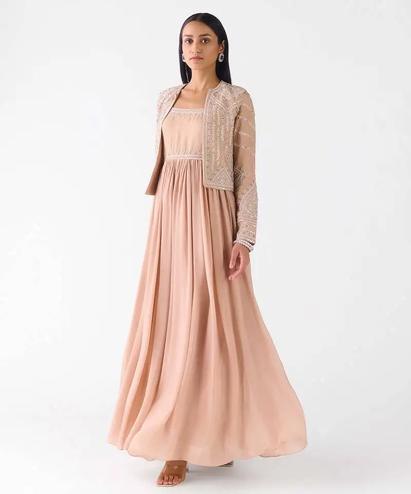 Rose-gold embroidered raw silk anarkali