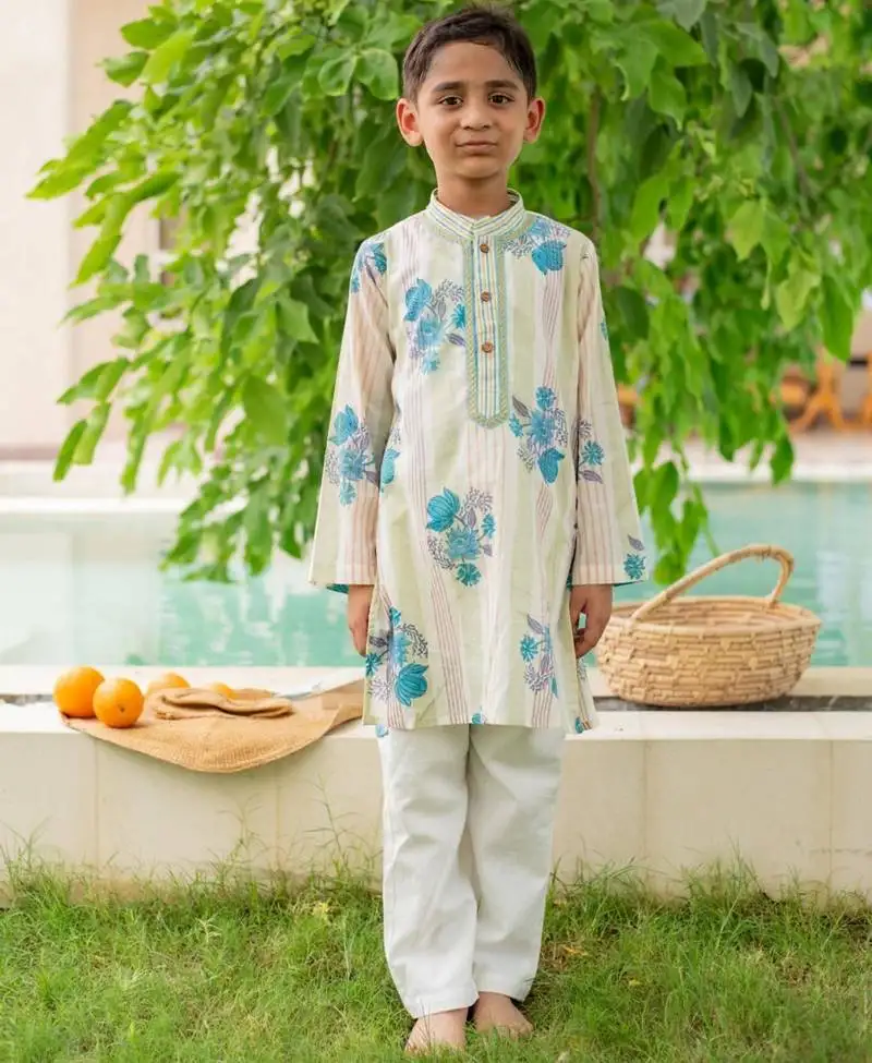 Green cotton printed kurta pajama for boys