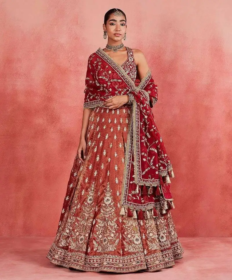 Red embroidererd silk lehenga set with dupatta