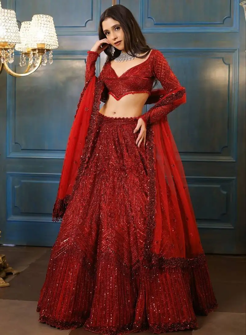 Red embroidererd georgette lehenga set with dupatta