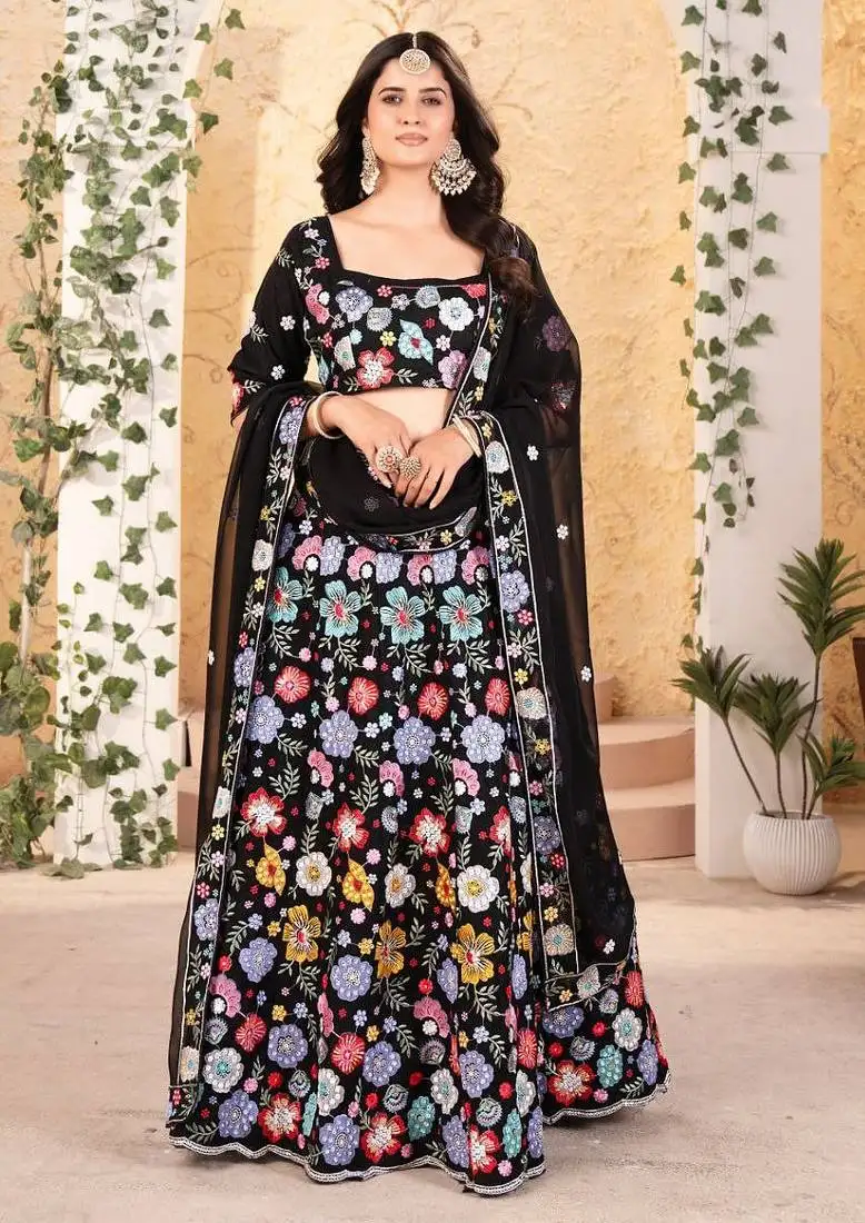 Black embroidererd georgette lehenga set with dupatta