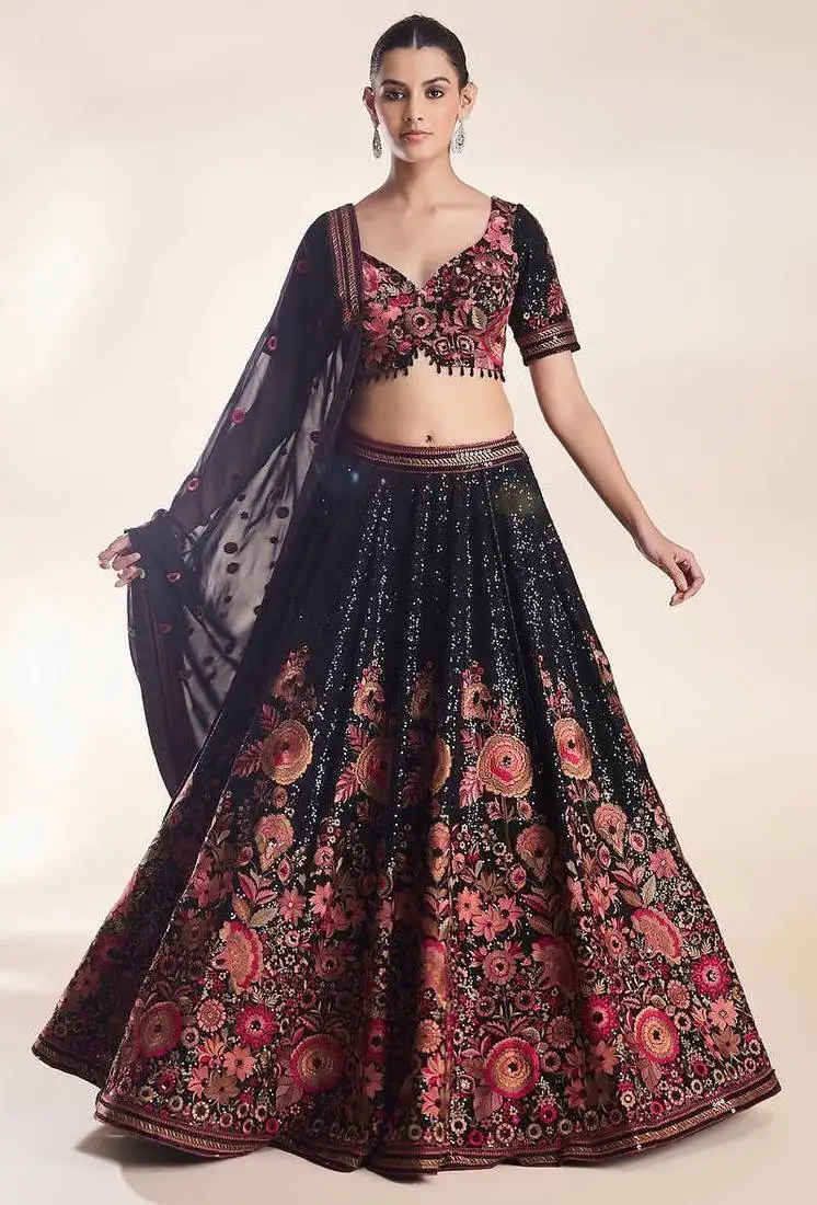 Eilara women's black thread embroidery and sequins work faux georgette lehenga choli