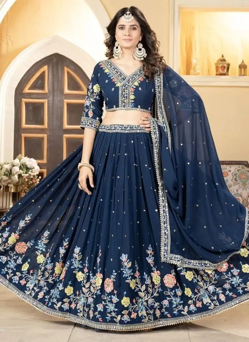 Blue faux georgette lehenga choli with thread embroidery