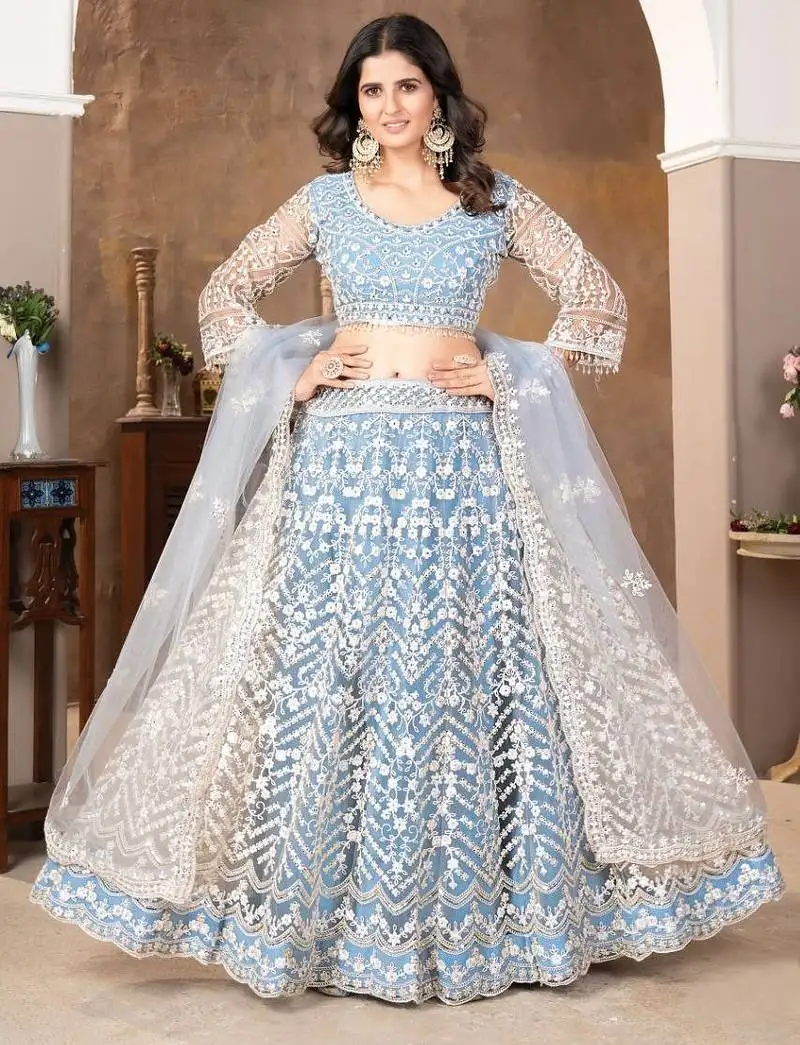 Blue embroidered net lehenga set with dupatta