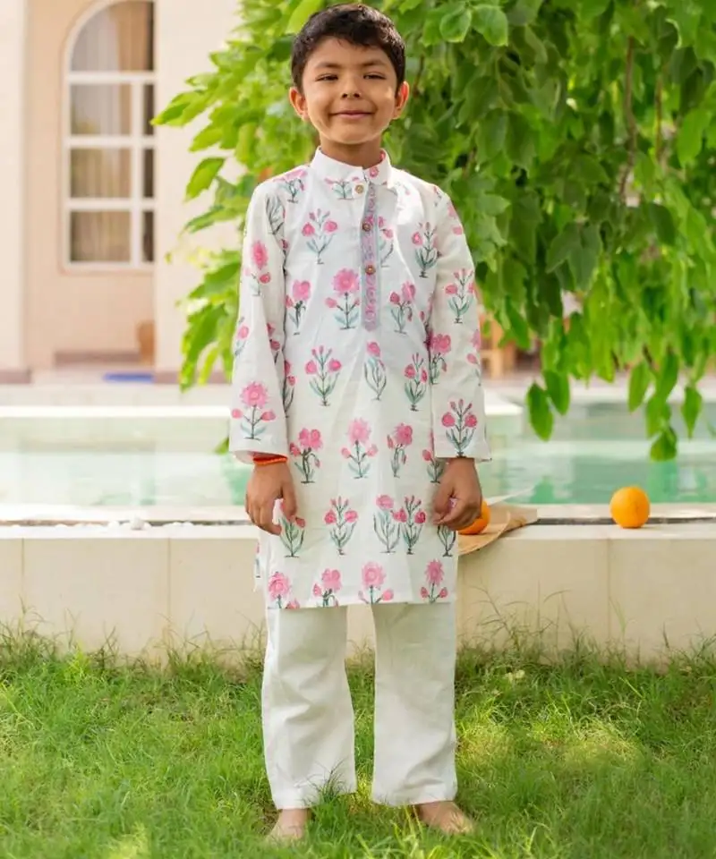 Pink cotton printed kurta pajama for boys