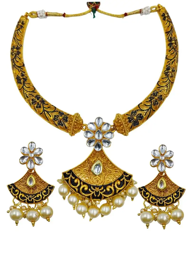 antique gold plated black & gold meenakari necklace set with pearl drops.