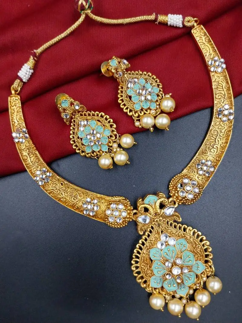 antique gold plated mint & gold meenakari necklace set with pearl drops.