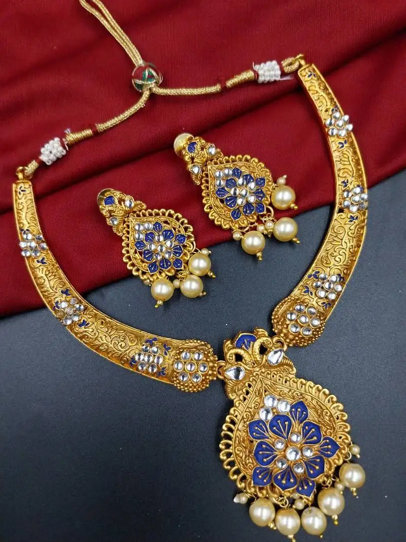 antique gold plated blue & gold kundan meenakari necklace set with pearl drops.