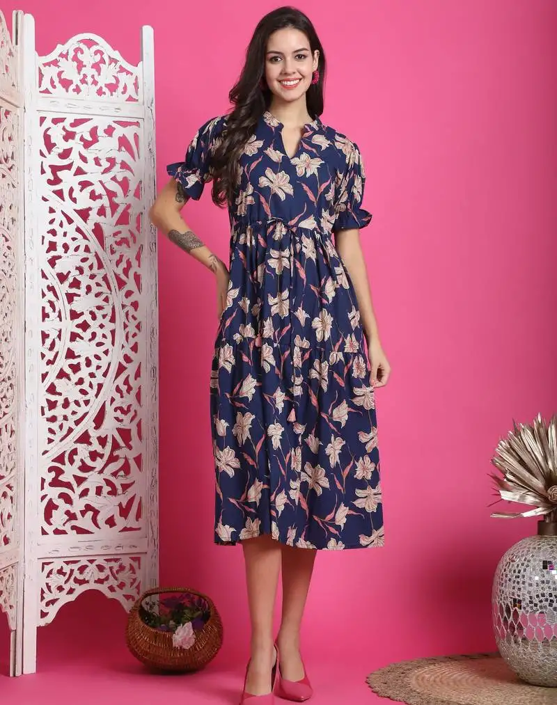 Women's pure cotton jaipuri printed gown stitched