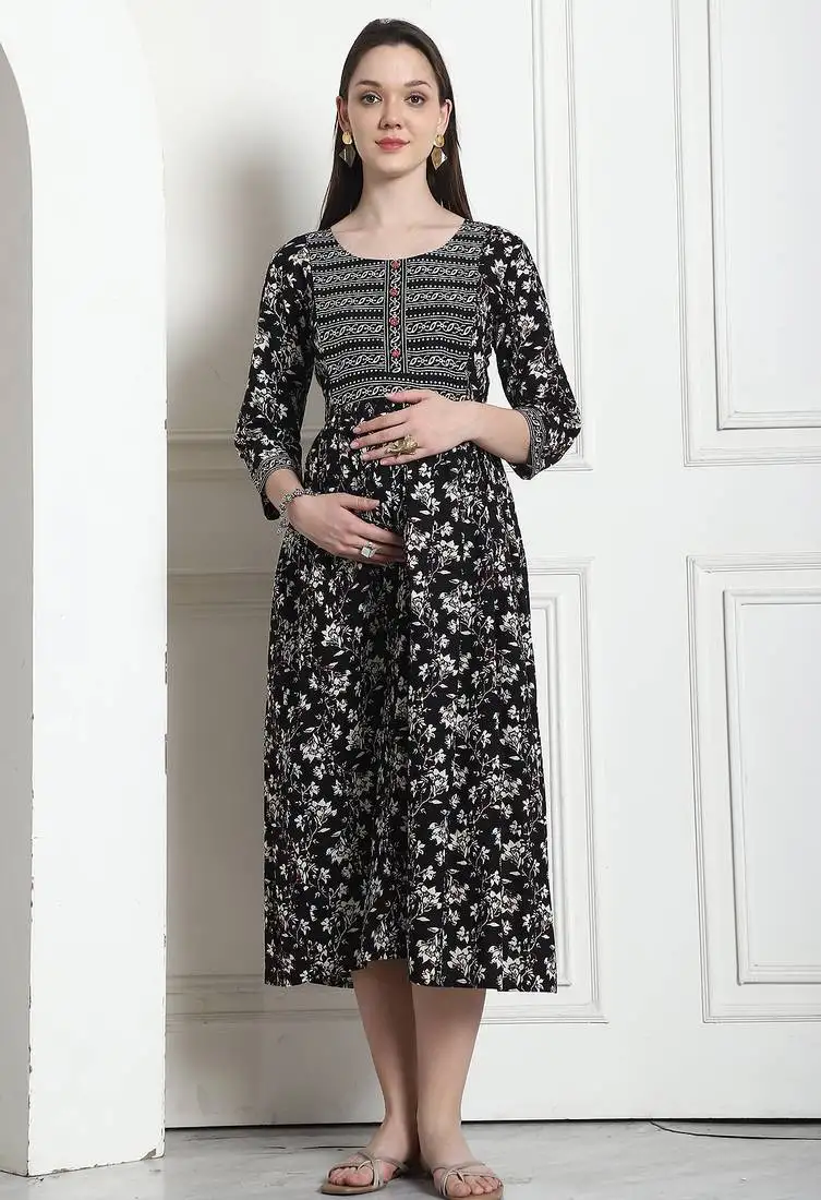 Women's cotton jaipuri printed maternity gown with zipper stitched