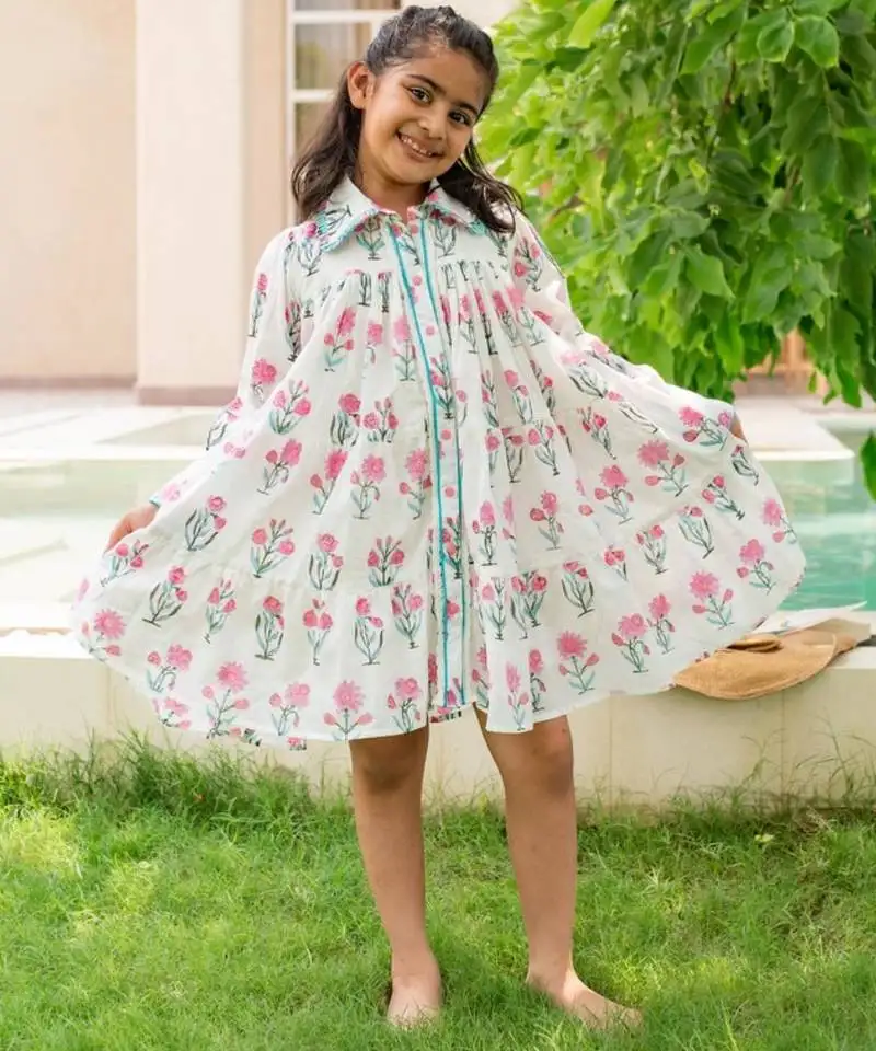 White cotton printed dress for girls