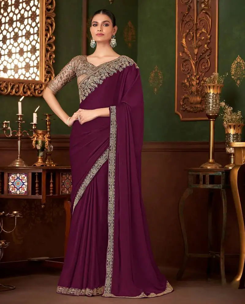 Wine heavy chiffon silk blend saree with embroidery with unstitched blouse