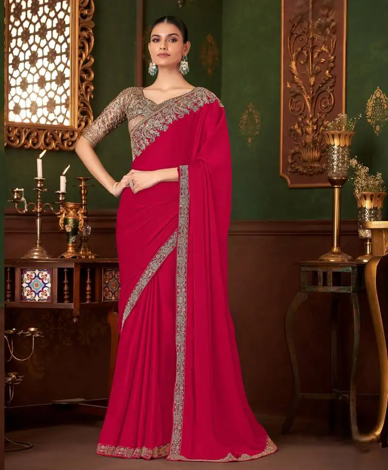 Pink heavy chiffon silk blend saree with embroidery with unstitched blouse