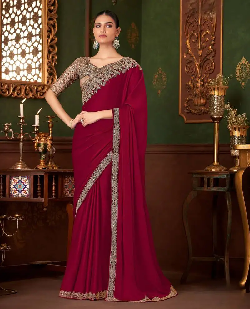 Raspberry heavy chiffon silk blend saree with embroidery with unstitched blouse