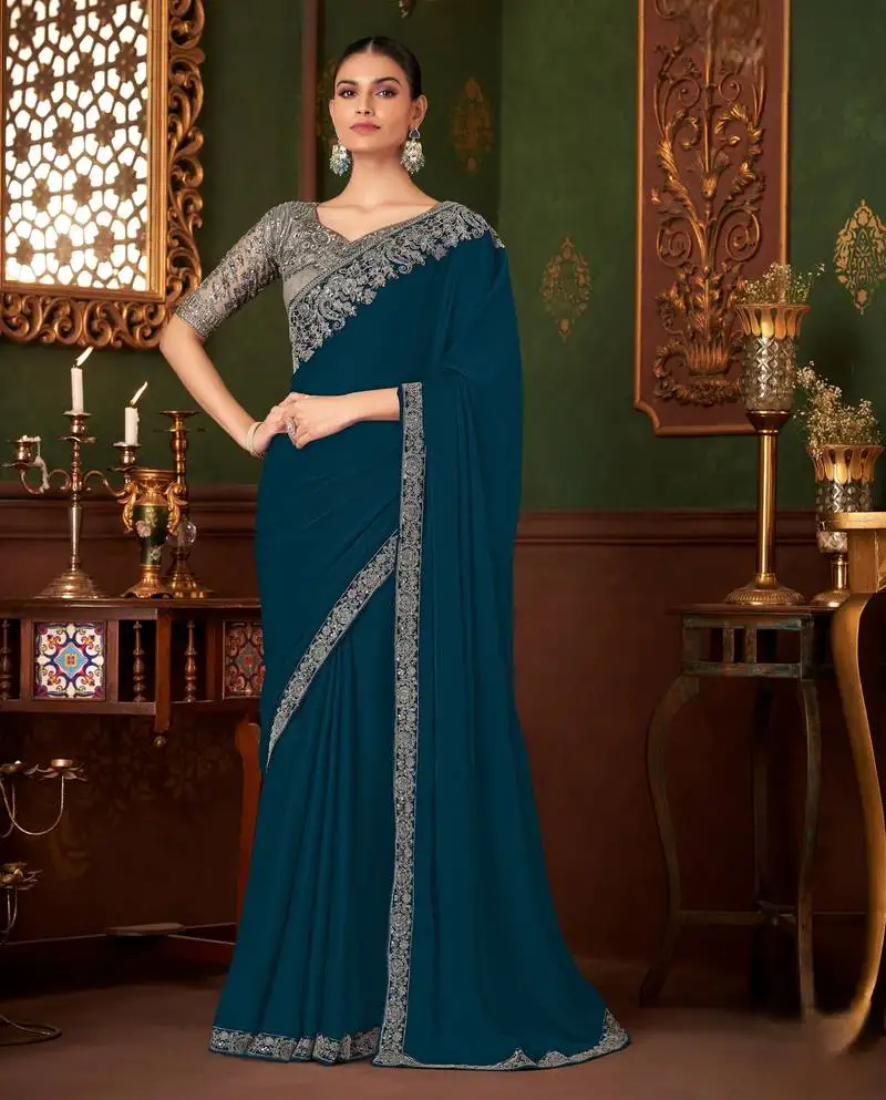 Blue heavy chiffon silk blend saree with embroidery with unstitched blouse