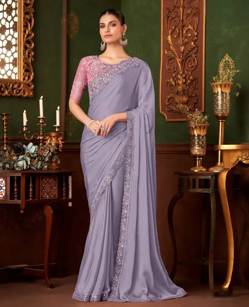Lavendor heavy chiffon silk blend saree with embroidery with unstitched blouse