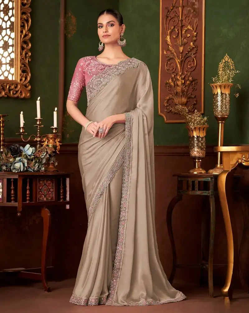 Light brown heavy chiffon silk blend saree with embroidery with unstitched blouse