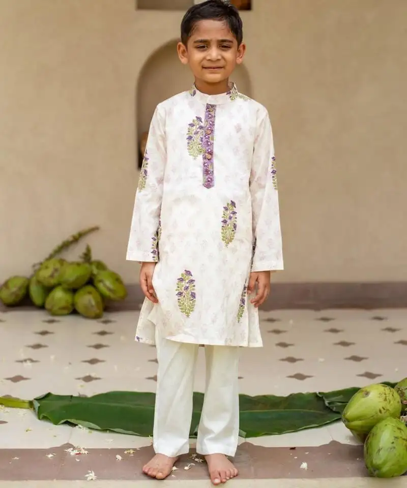 White cotton printed kurta pajama for boys