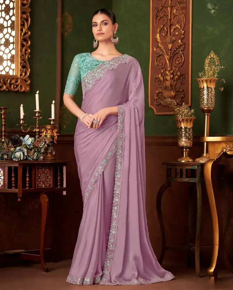 Purple heavy chiffon silk blend saree with embroidery with unstitched blouse