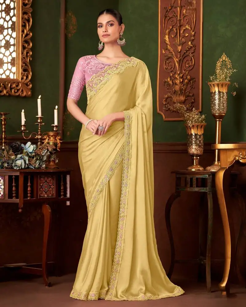 Yellow heavy chiffon silk blend saree with embroidery with unstitched blouse