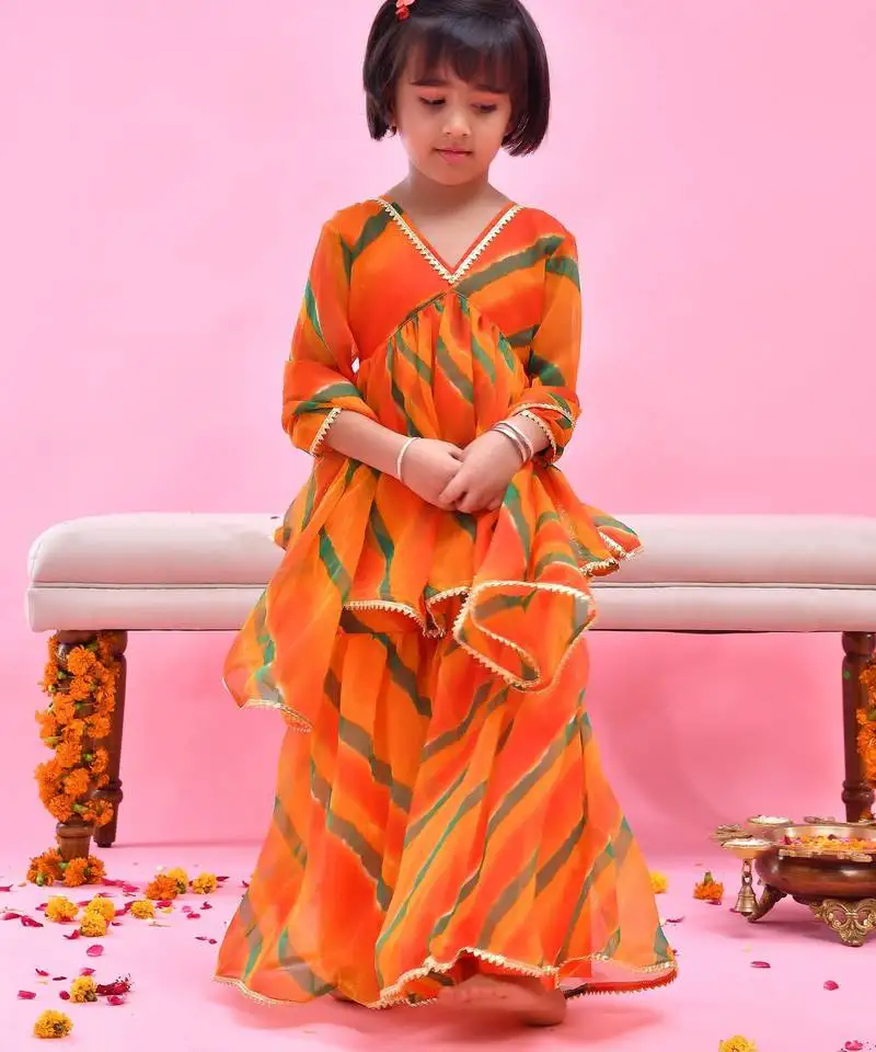 Orange printed chiffon sharara set