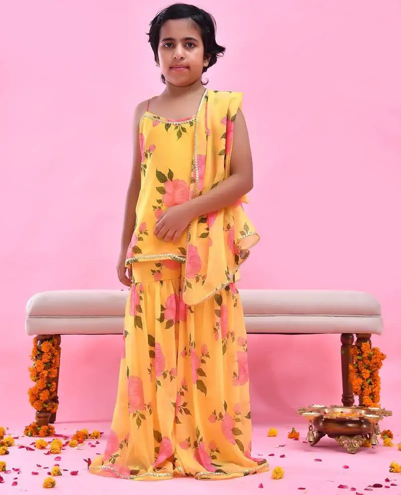 Yellow printed georgette sharara set