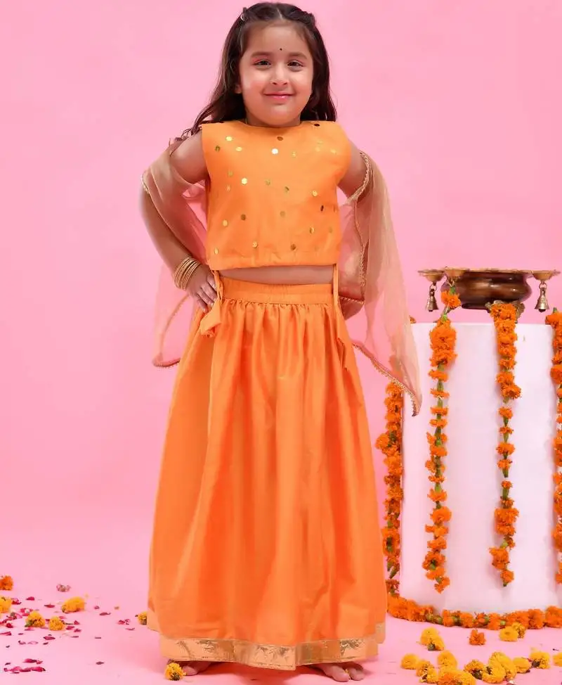 Orange printed dupion lehenga set