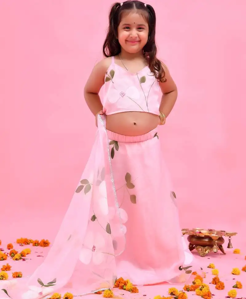 Pink printed organza lehenga set