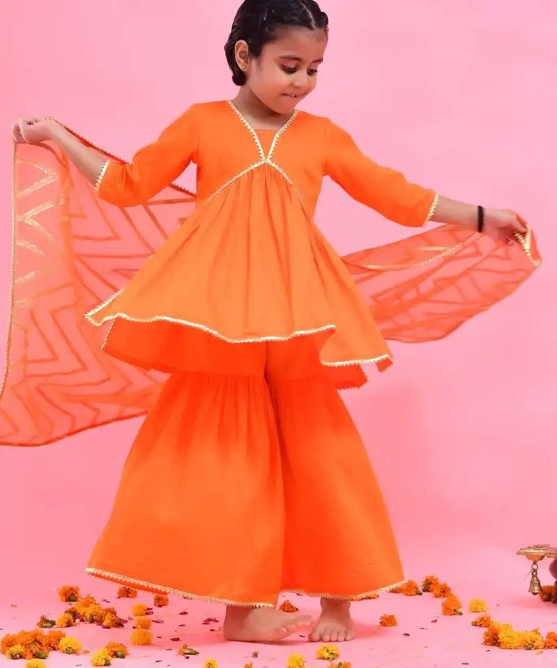 Orange plain cotton silk sharara set