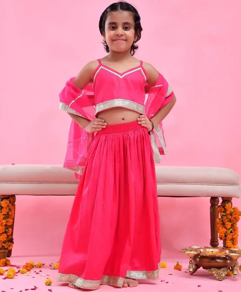 Magenta printed cotton silk lehenga set