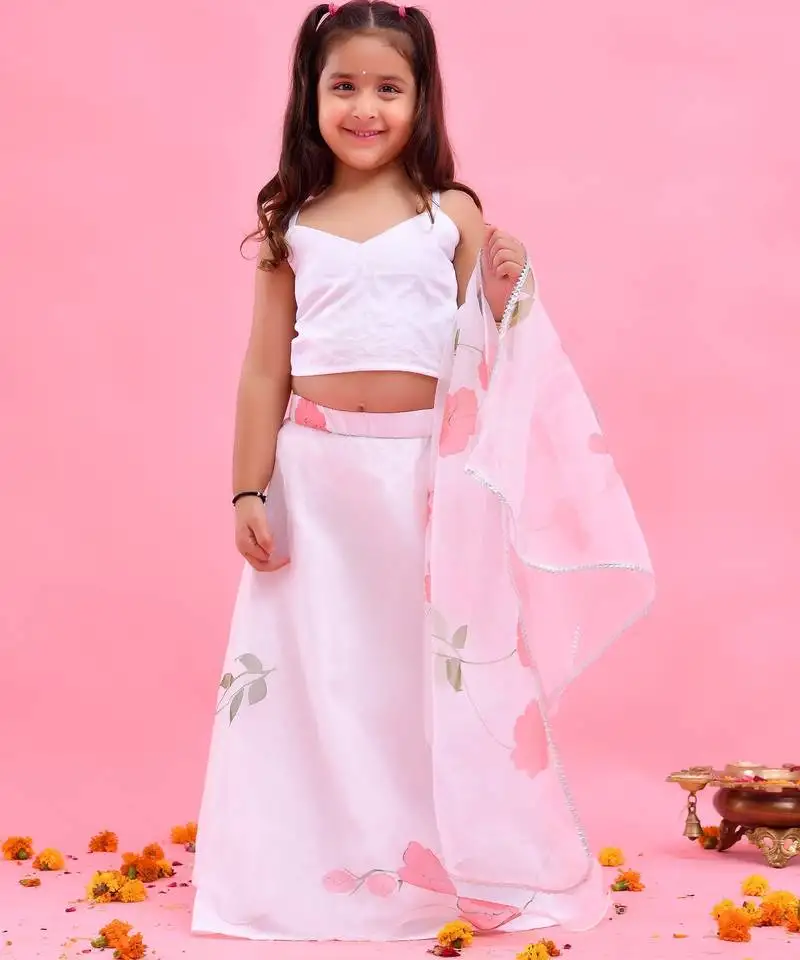 White printed organza lehenga set