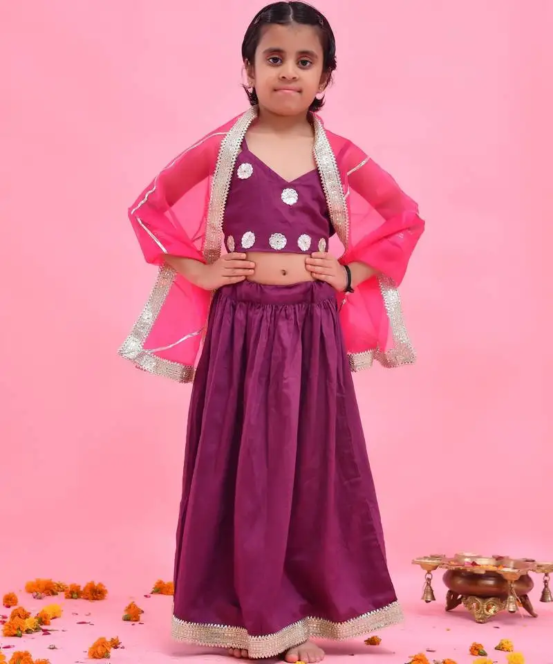 Purple printed cotton silk lehenga set