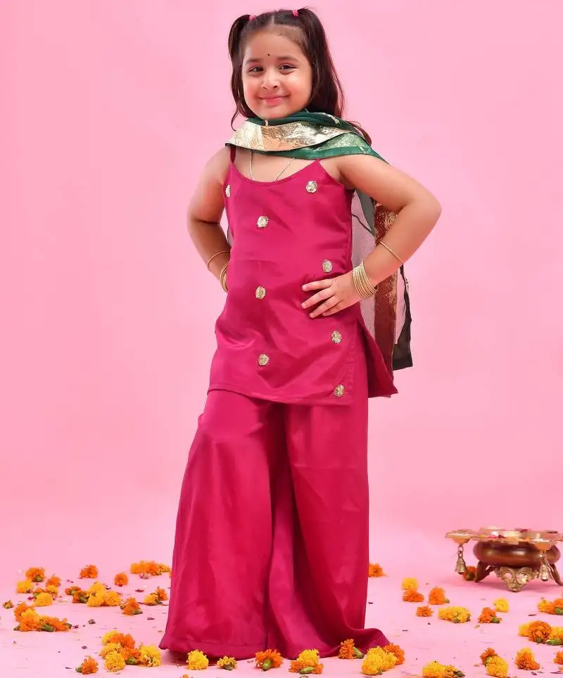 Pink plain crepe silk sharara set