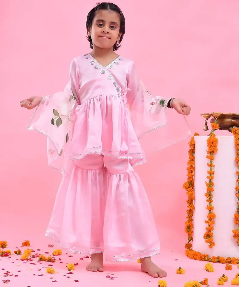 Pink embroidered satin georgette sharara set