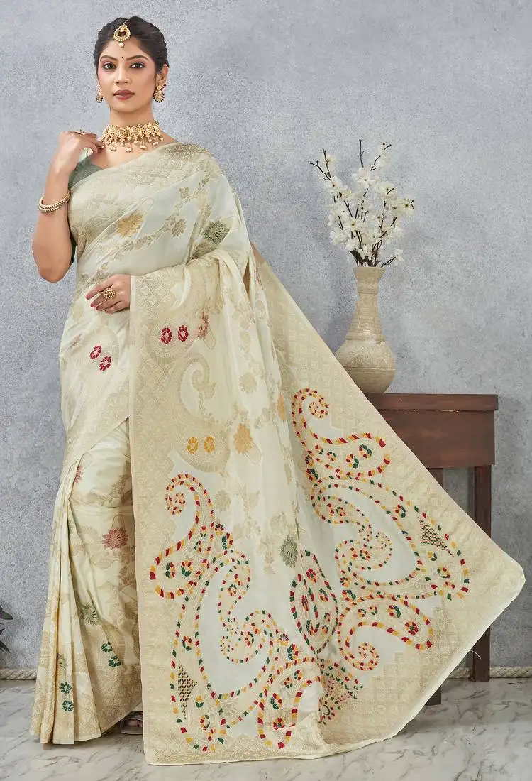 Off white sequin zari resham embroidered banarasi silk saree