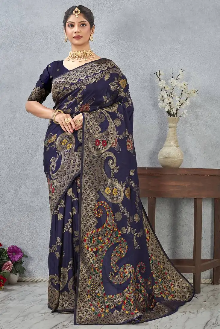 Navy blue sequin zari resham embroidered banarasi silk saree