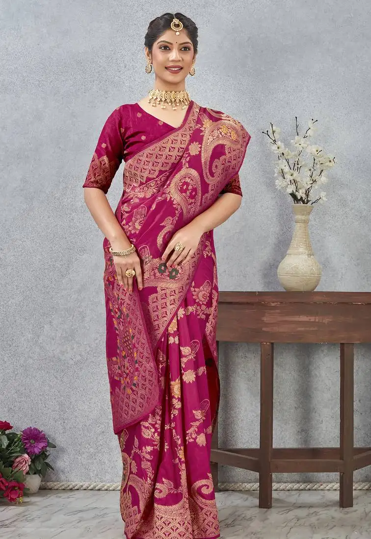 Magenta sequin zari resham embroidered banarasi silk saree