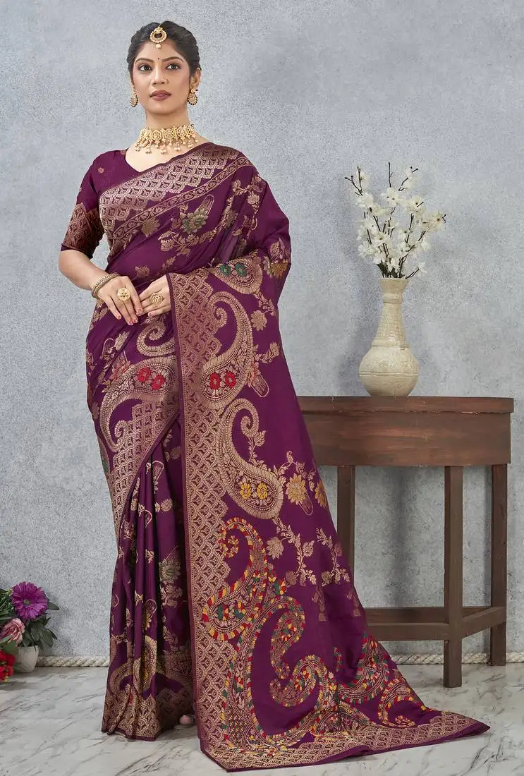 Purple sequin zari resham embroidered banarasi silk saree