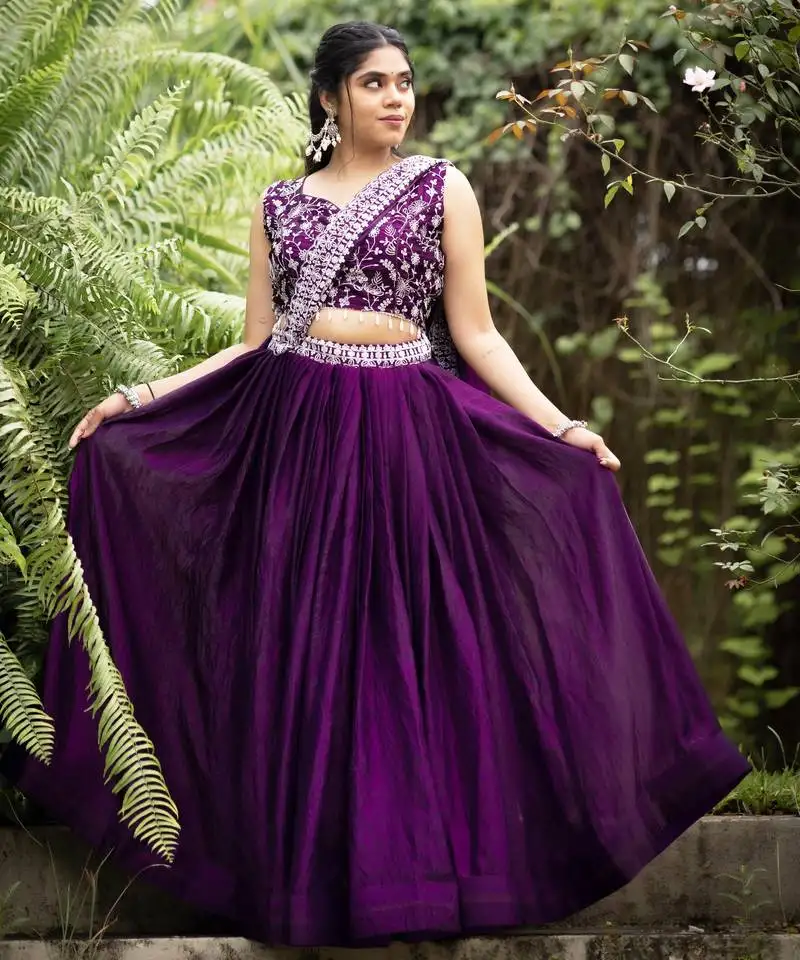 Purple plain with embroidered belt fendy satin lehenga with un-stitched blouse