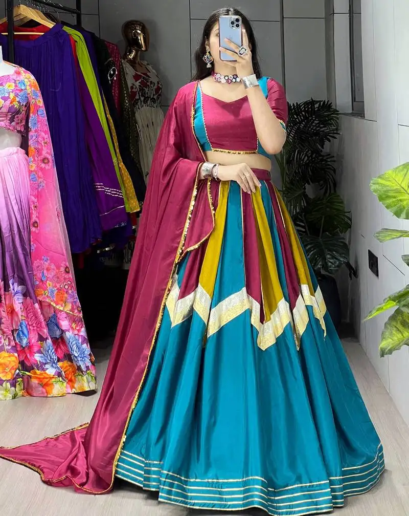 Multicolor all over traditional colorful kali with embelishments chinon lehenga with fully-stitched blouse