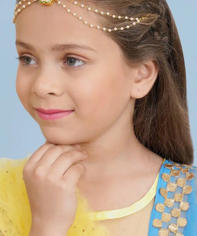 Girls gold-plated kundan-studded & beaded layered matha patti