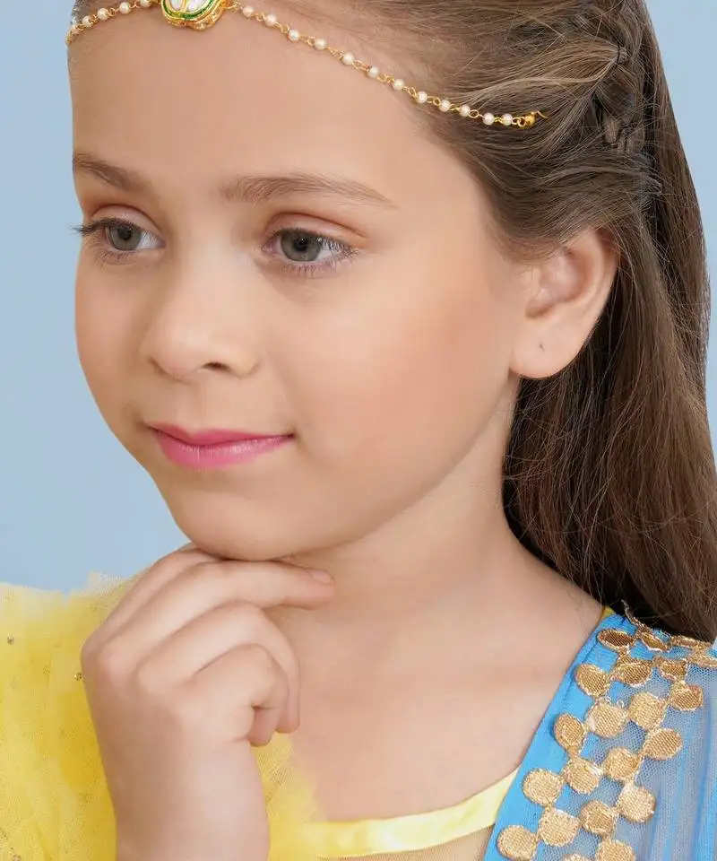 Girls gold-plated kundan-studded & beads beaded layered matha patti