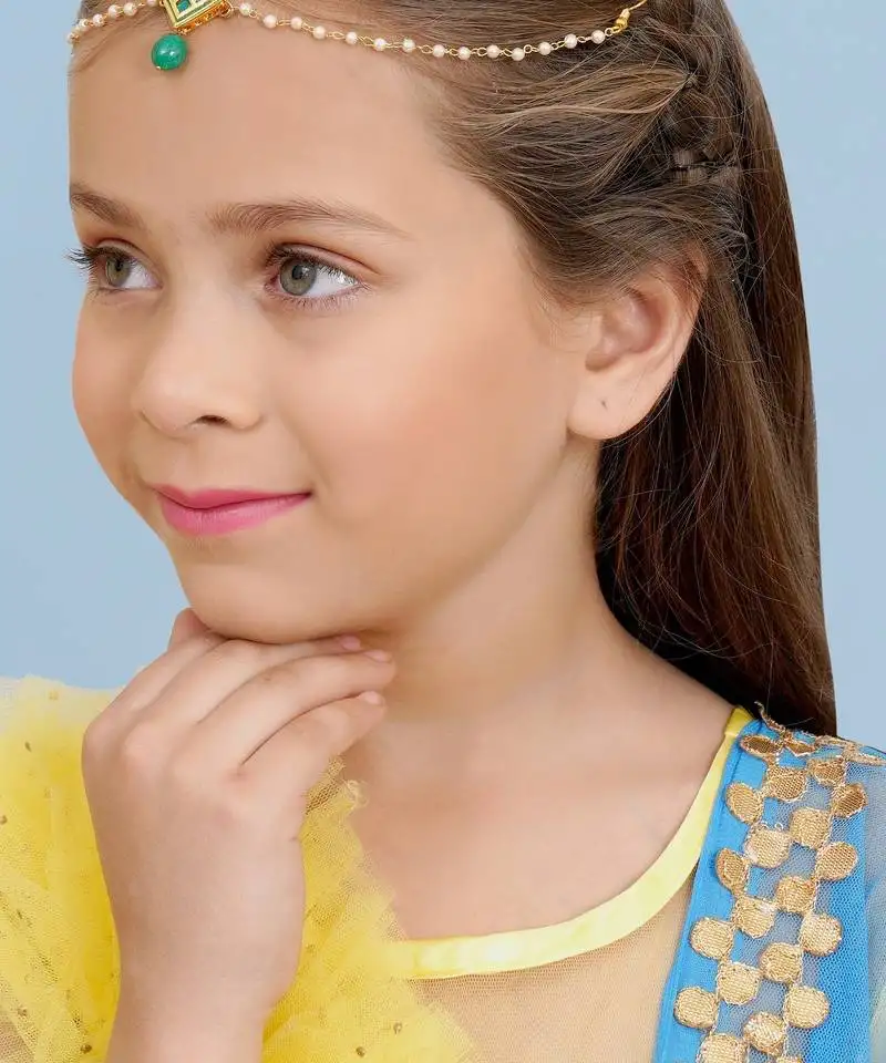 Gold plated kundan-studded & beaded layered matha patti